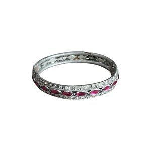 Vintage Art Deco Channel Set Ruby Pink & Clear Rhinestone & Silver Tone Bracelet